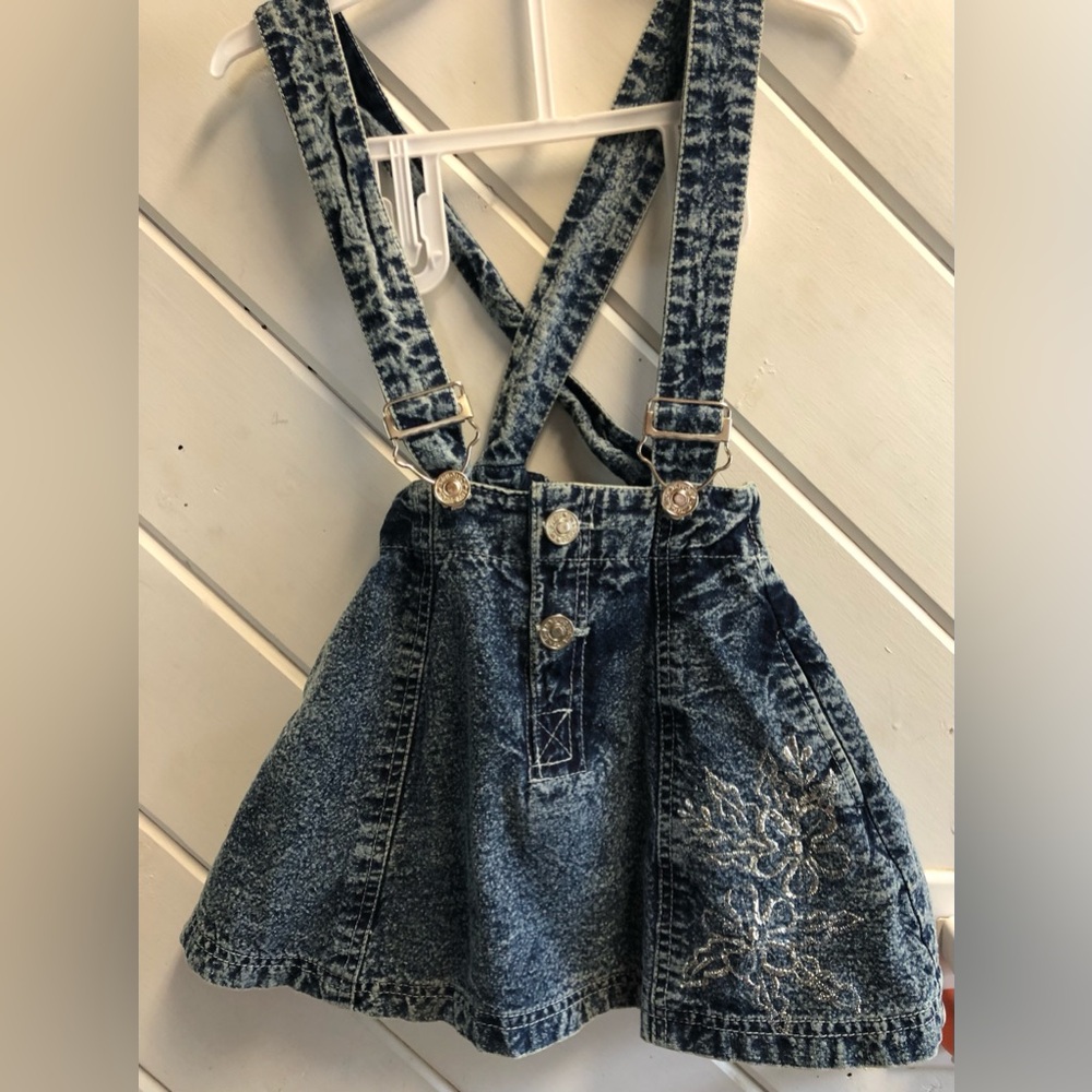 Girls Blue Acid-Wash Denim Suspender Cotton Skirt